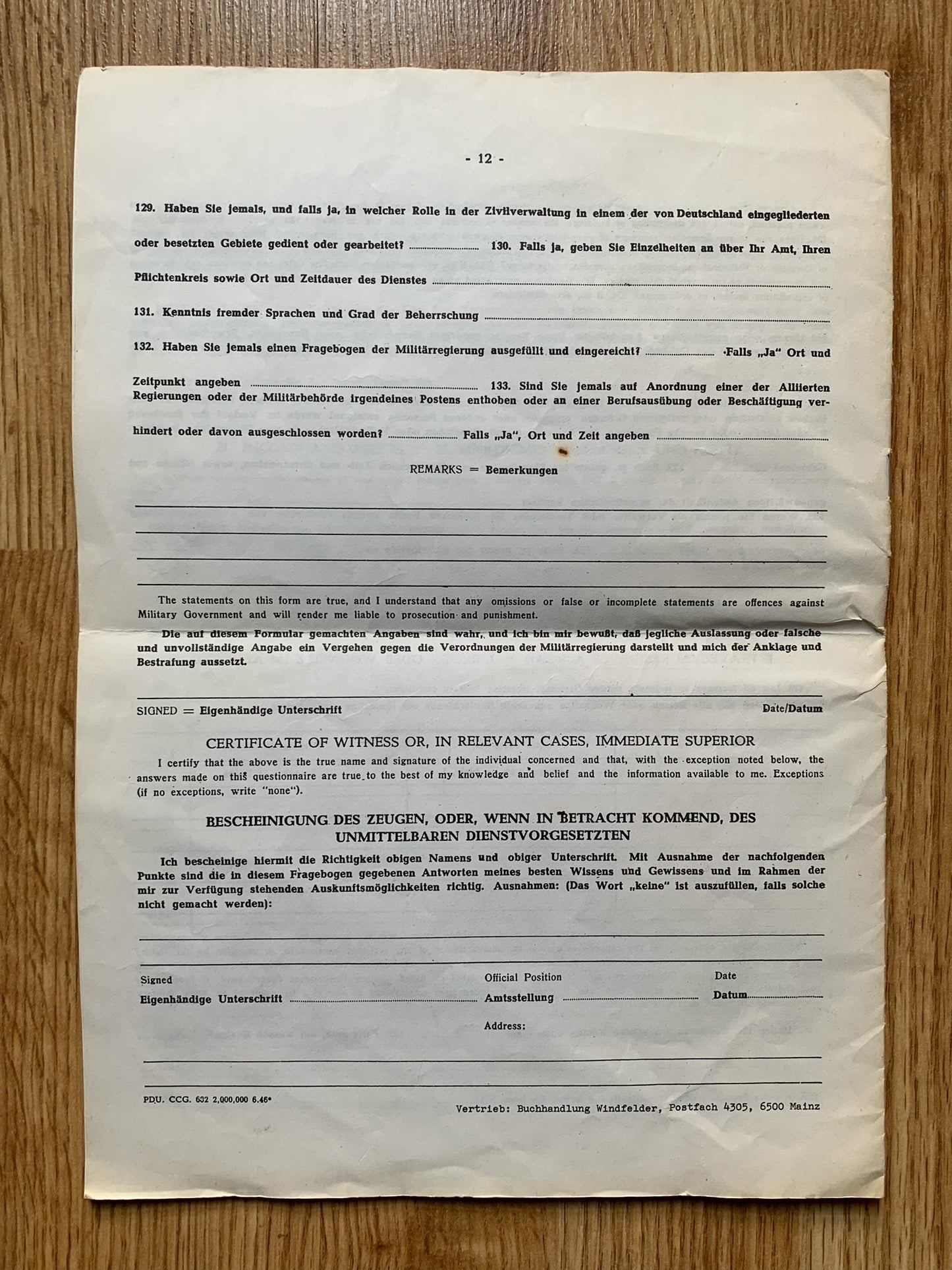 Post-WW2 Occupied Germany Denazification document