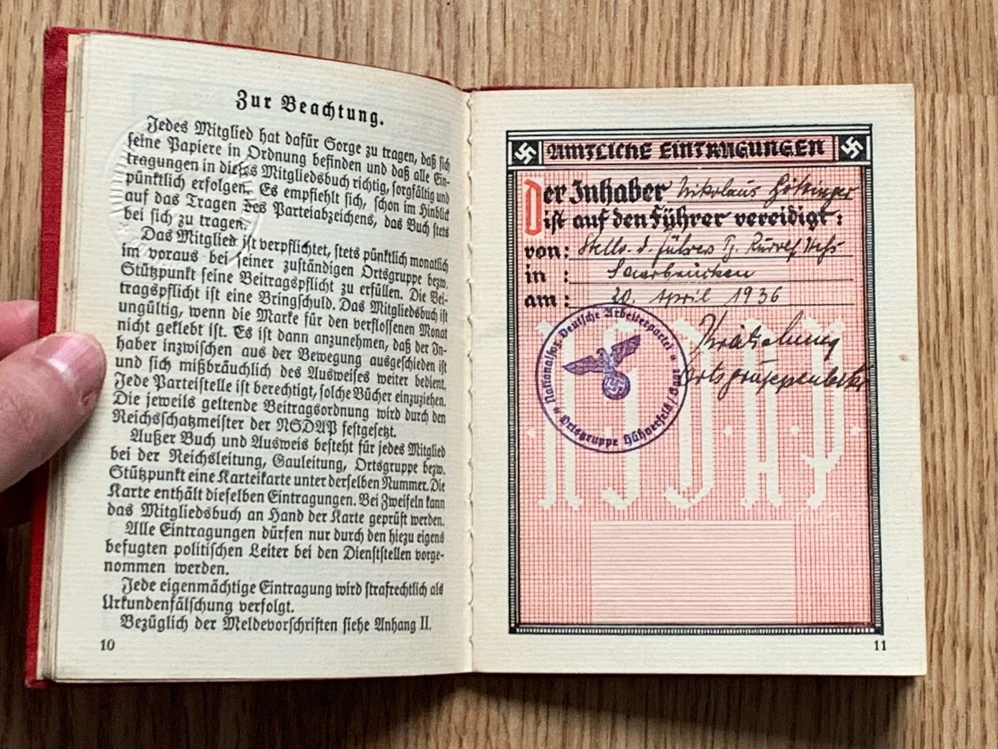 NSDAP membership booklet - Blockleiter official, Rudolf Hess reference